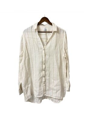 Sigrid Olsen cream tan striped long sleeve button up coquette linen shirt XL